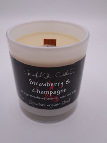 Graceful Glow Candle Co Strawberries and Champagne scented soy candle.